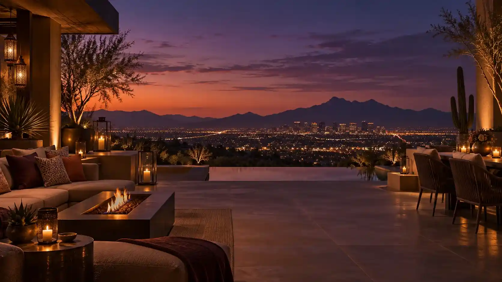 A romantic Phoenix rooftop terrace overlooking the city at blue hour