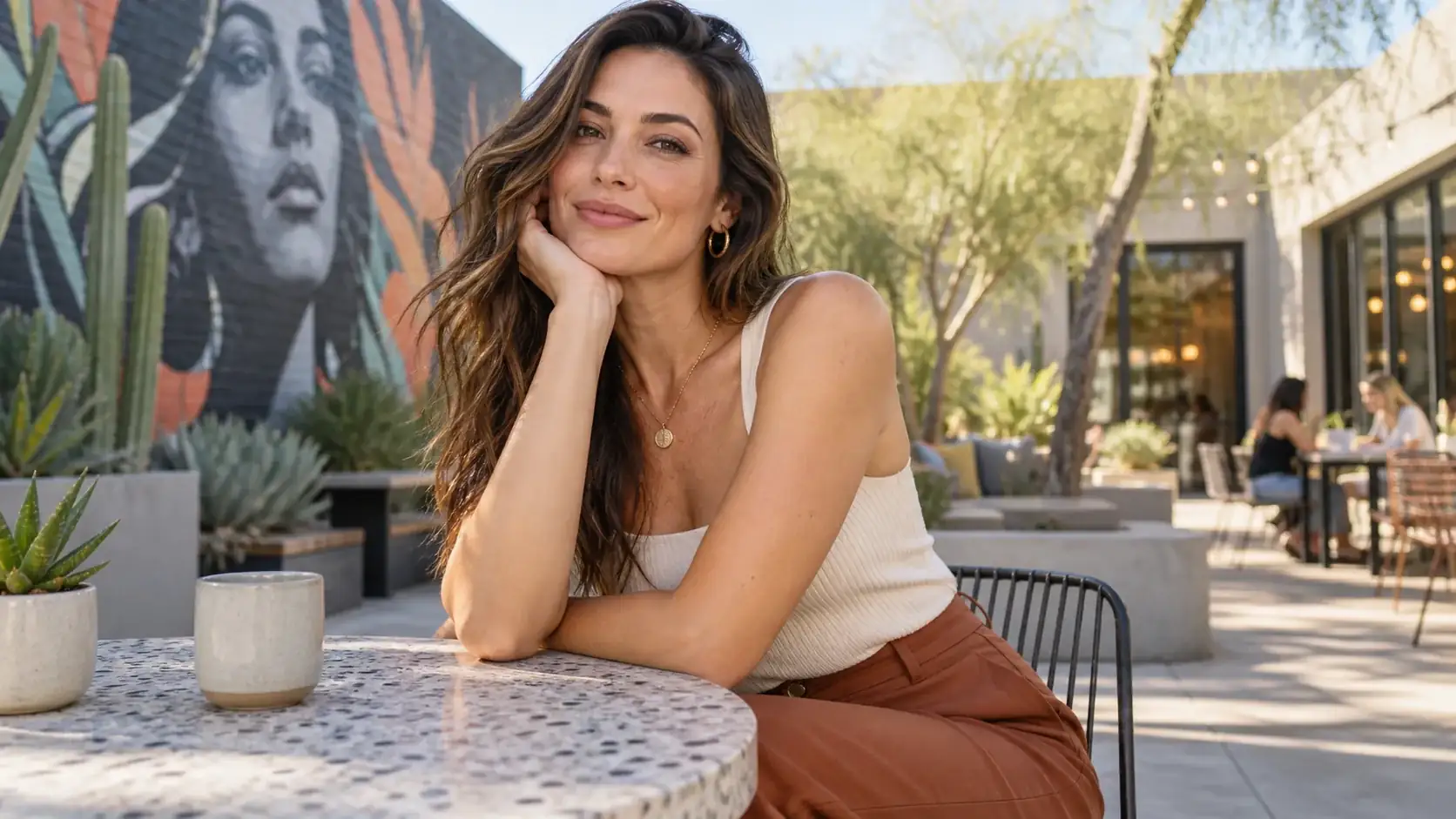 A confident Phoenix woman in a design-forward arts district café