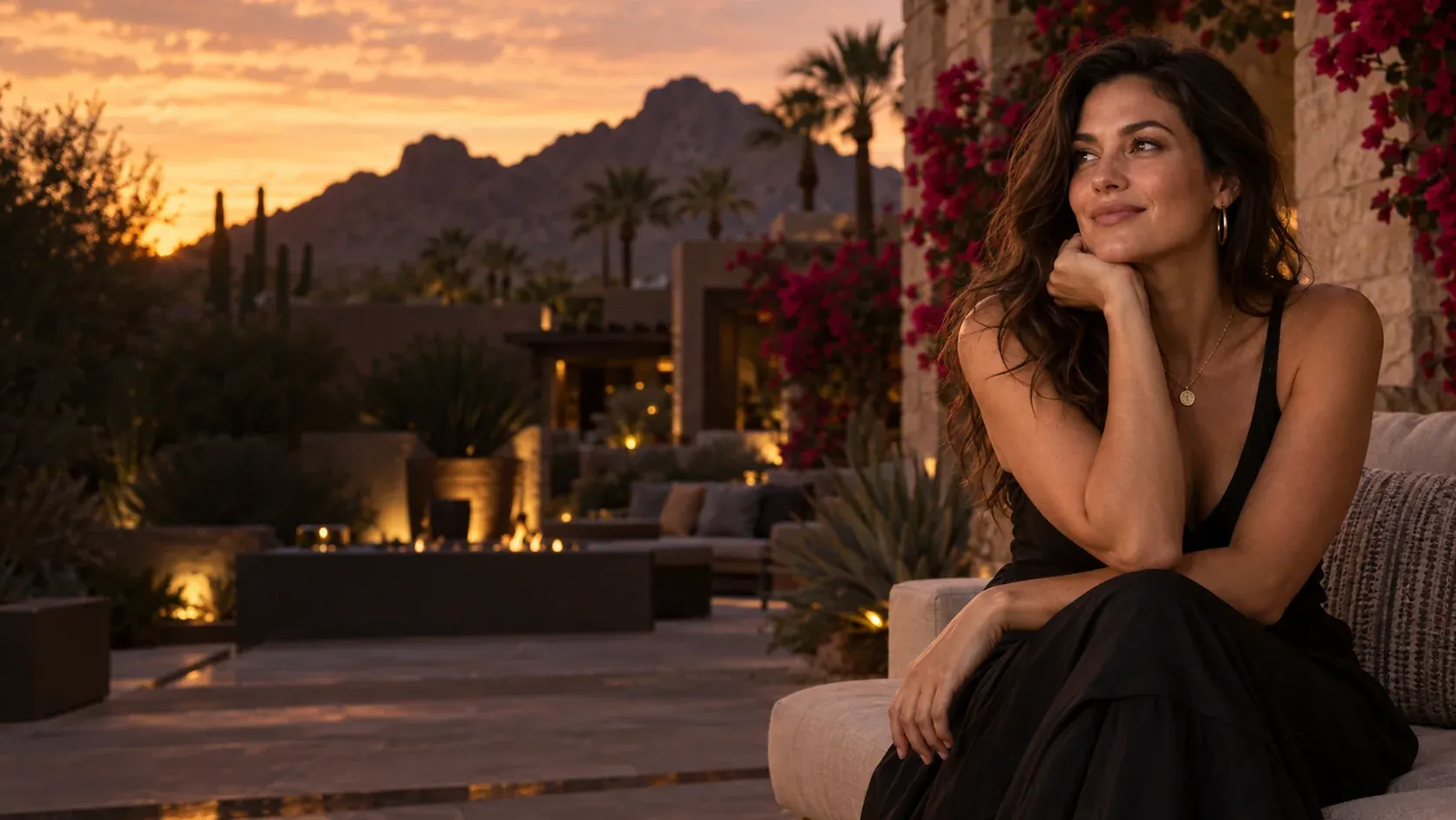 A confident Phoenix woman in a desert-modern courtyard at sunset