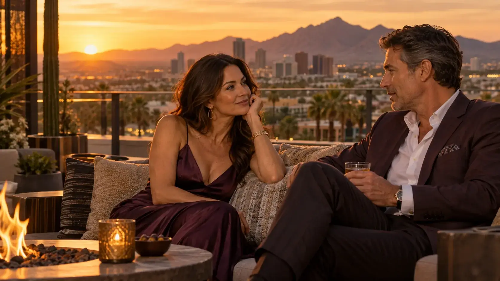 A couple talking on a Phoenix rooftop terrace at sunset