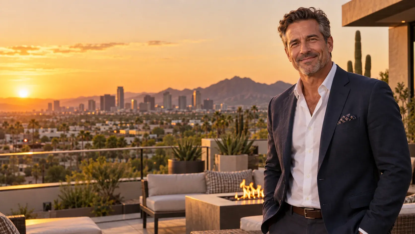 A confident Phoenix professional on a desert-modern rooftop at sunset